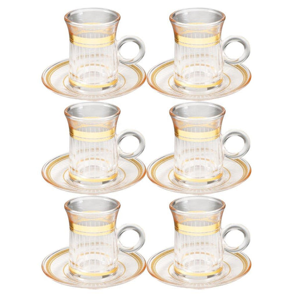 Deco Engraved Gold Abstract Design Istikana Glass Tea Cup and Saucer Set of 6 Pcs 11 cm/70 ml