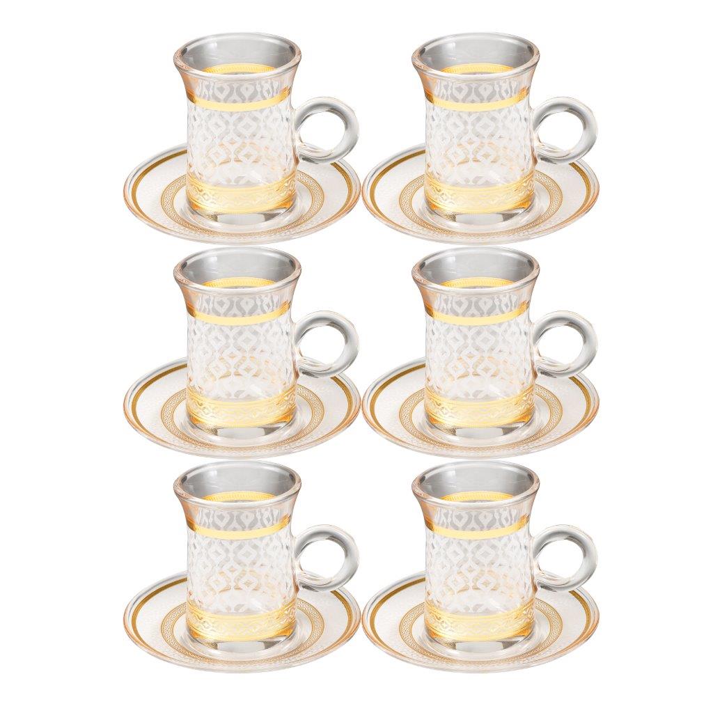Deco Engraved Gold Abstract Design Istikana Glass Tea Cup and Saucer Set of 6 Pcs 11 cm/70 ml