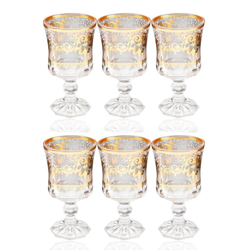 Deco Engraved Gold Abstract Design footed Istikana Glass Tea Cup Set of 6 Pcs 140 ml