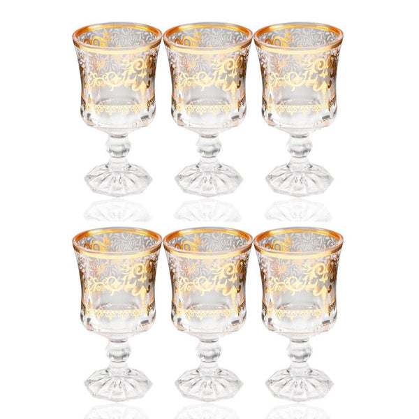 Deco Engraved Gold Abstract Design footed Istikana Glass Tea Cup Set of 6 Pcs 140 ml