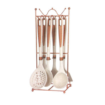 High Quality Plastic Kitchen Cutlery Utensil Spoon Set of 6 Pcs with Chrome Stand 11*17*39 cm