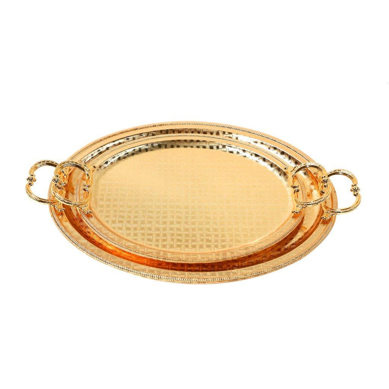 Deco Gold Metal Oval Serving Tray Set of 2 Pcs Crafted Handles 35*27/43*34 cm