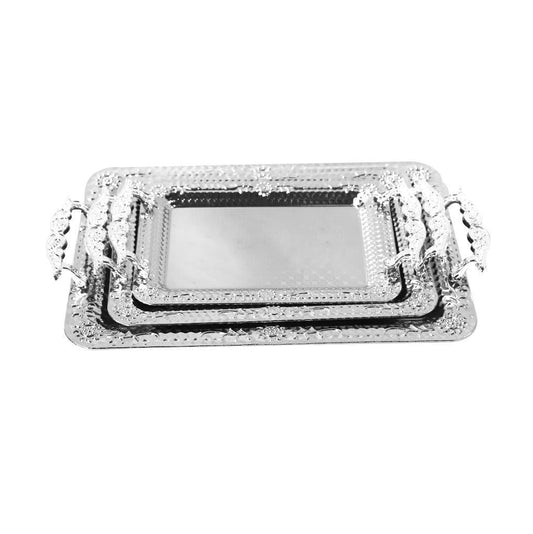 Deco Silver Metal Rectangle Serving Tray Set of 3 Pcs Crafted Handles 43.5*30/35.5*25/29.5*20.5 cm