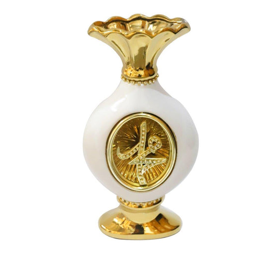 ديكورات سيراميك اسلامية باللونين الابيض والذهبي اسم الله محمد مجموعة من قطعتين 27*15 سم