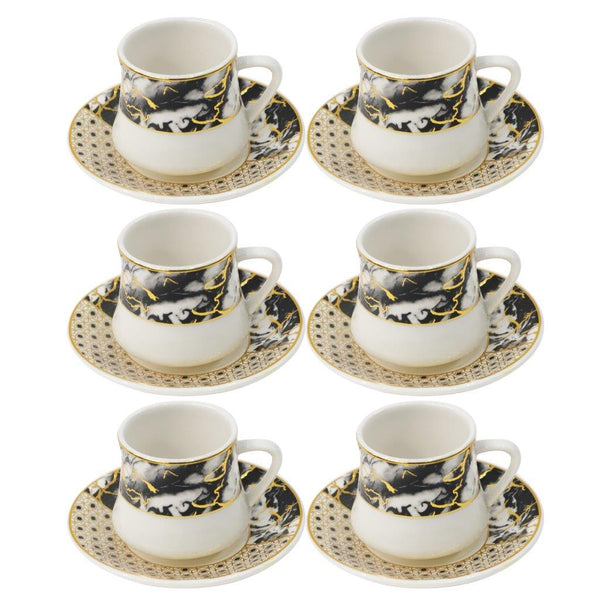 Royal Cream Abstract Print Ceramic Coffee Cup & Saucer Set of 6 Pcs