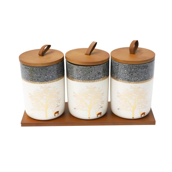 Abstract Print Ceramic Canister Set of 7 Pcs with Wooden Lid and Stand 10*15 cm