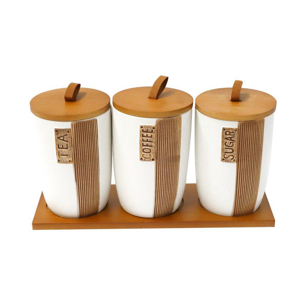 Abstract Print Ceramic Canister Set of 7 Pcs with Wooden Lid and Stand 10*15 cm