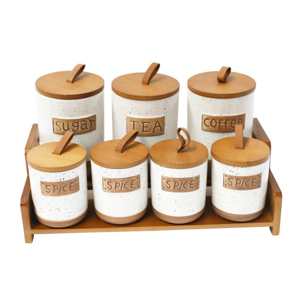 Abstract Print Ceramic Canister Set of 7 Pcs with Wooden Lid and Stand 10*15/8*10 cm