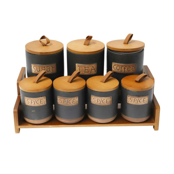 Ceramic Tea Coffee Sugar Canister with Wooden Lid Set of 3 Pcs 10*15/8*10 cm