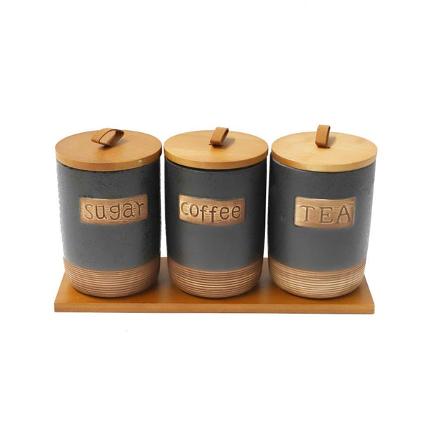 Ceramic Tea Coffee Sugar Canister with Wooden Lid Set of 3 Pcs 10*15 cm