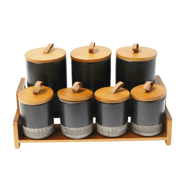 Abstract Print Ceramic Canister Set of 7 Pcs with Wooden Lid and Stand 10*15/8*10 cm