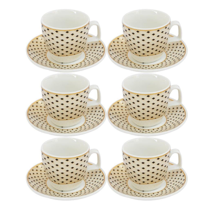 Ceramic Coffee Cup and Saucer Set of 6 Pcs Abstract Print Design 100 ml 10.5 cm