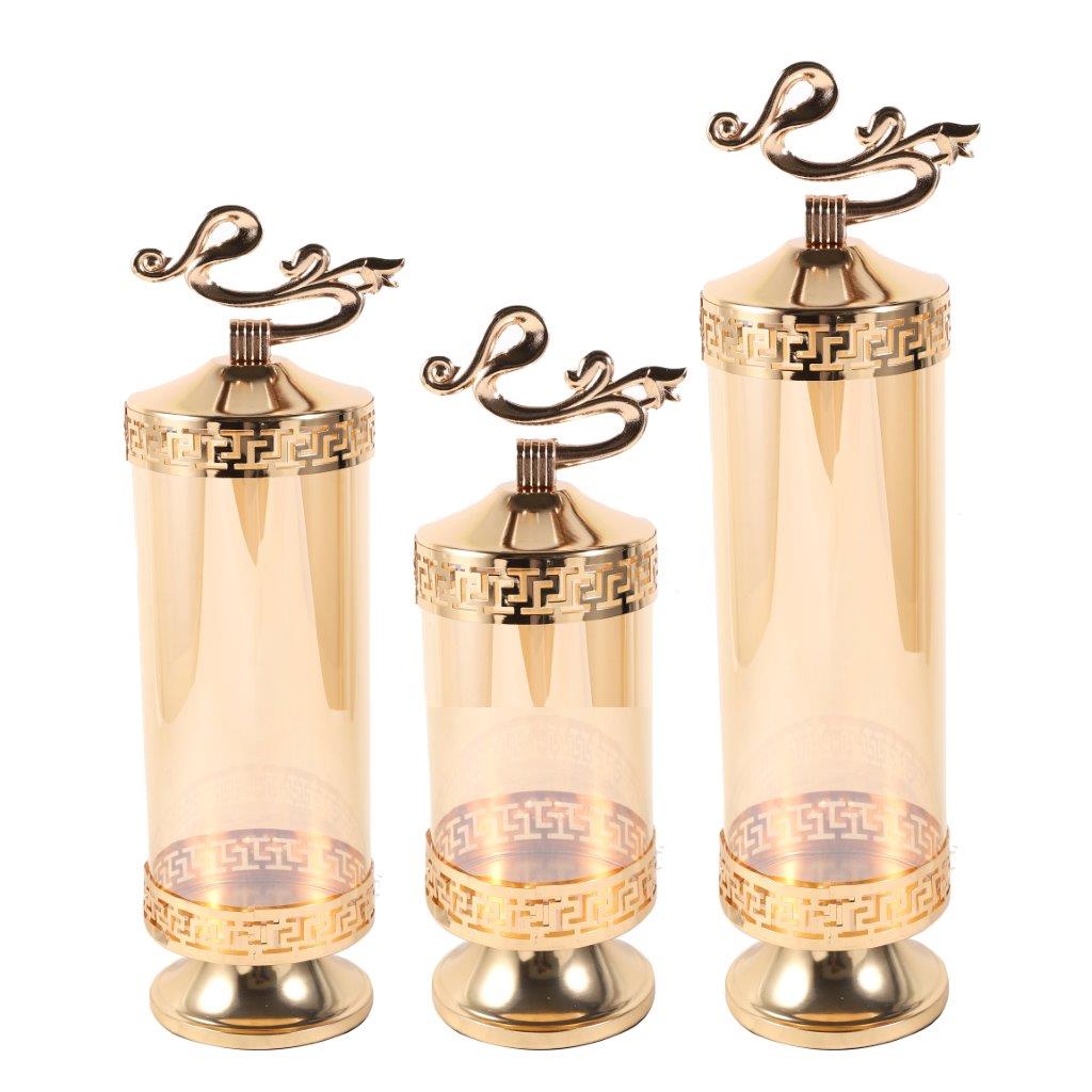 Elegant Glass Craft Gold Candleholder Wedding Table Centrepiece set of 3 Pcs 32*10/35*10/40*10 cm