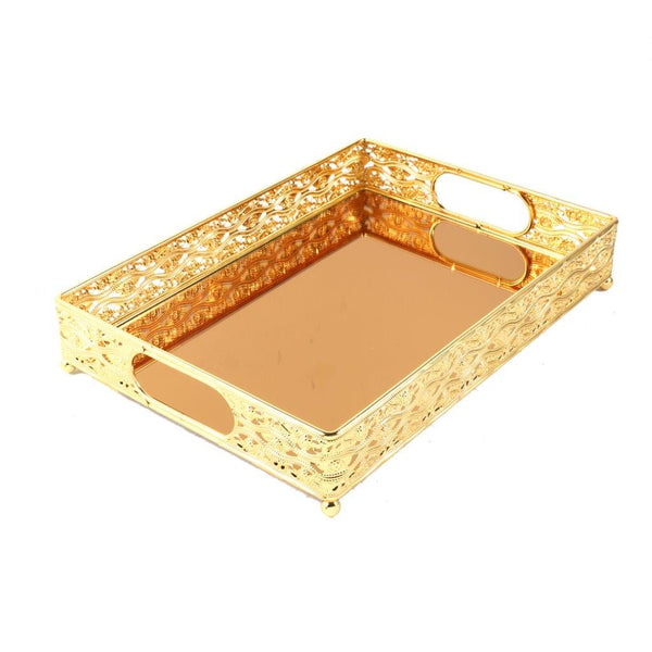 Deco Gold Metal Glass Base Rectangular Serving Tray Set of 2 Pcs