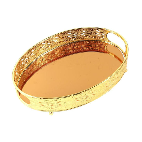 Deco Gold Metal Glass Base Oval Serving Tray Set of 2 Pcs