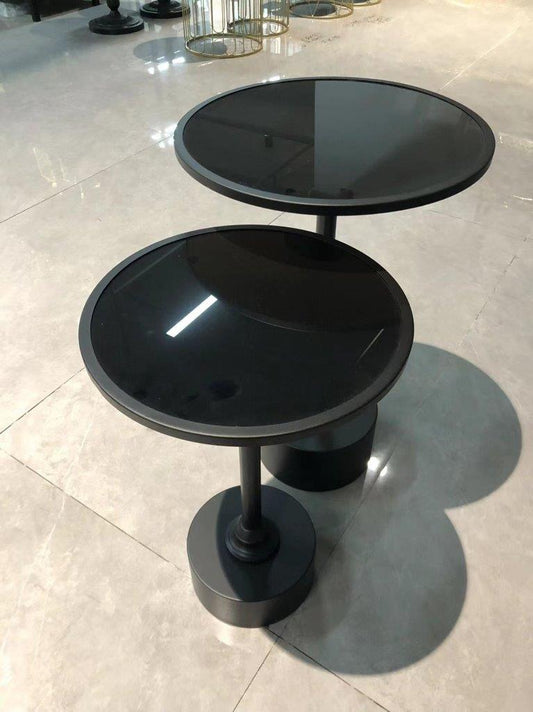 Round Glass Top Black Metal Accent Sofa Side Table End Table Coffee Table Abstract Design Body Set of 2 Pcs