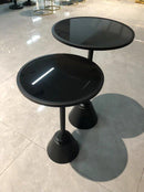 Round Glass Top Black Metal Accent Sofa Side Table End Table Coffee Table Abstract Design Body Set of 2 Pcs