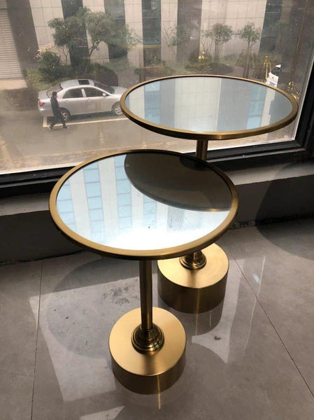 Round Glass Top Gold Metal Accent Sofa Side Table End Table Coffee Table Abstract Design Body Set of 2 Pcs