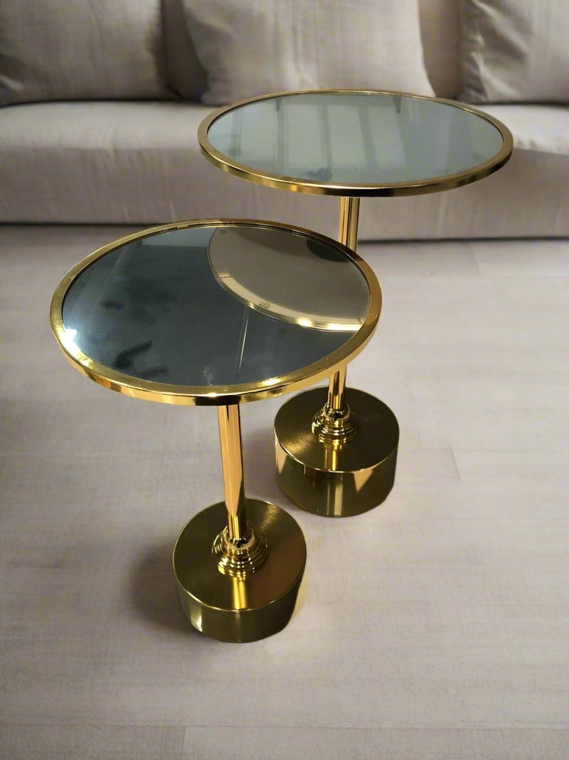 Round Glass Top Gold Metal Accent Sofa Side Table End Table Coffee Table Abstract Design Body Set of 2 Pcs