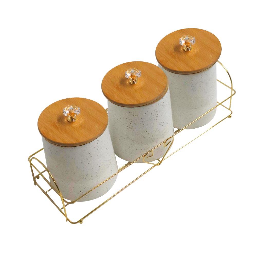 طقم حاويات سيراميك بطباعة تجريدية مكون من 3 قطع مع غطاء خشبي وحامل سعة 650 مل
