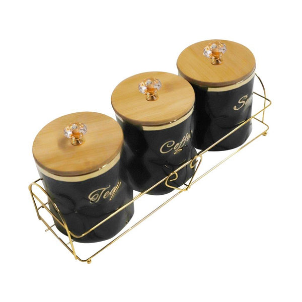 Abstract Print Ceramic Canister Set of 3 Pcs with Wooden Lid and Stand 650 ml