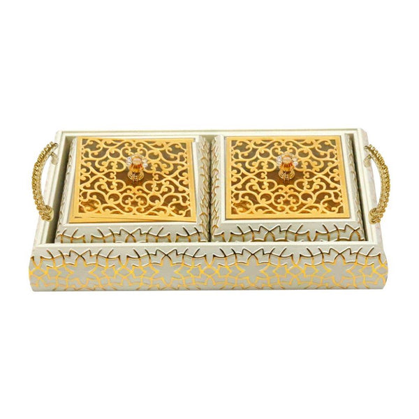 Engraved Deco Gold Candy Box Nuts and Chocolates Serving Tray 2 Compartments with Lid 30*16*6 cm