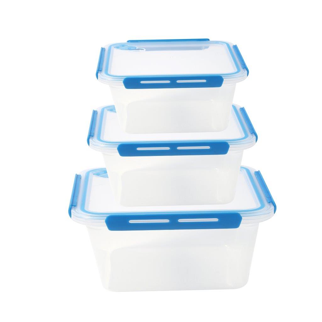 Multipurpose Clear Plastic Clip Lock Lunch Box Storage Box Food Container Set of 3 Pcs 16x16x12.2cm 1650 ml/ 16x16x7.8cm 1000 ml/16x16x4.8cm 550 ml