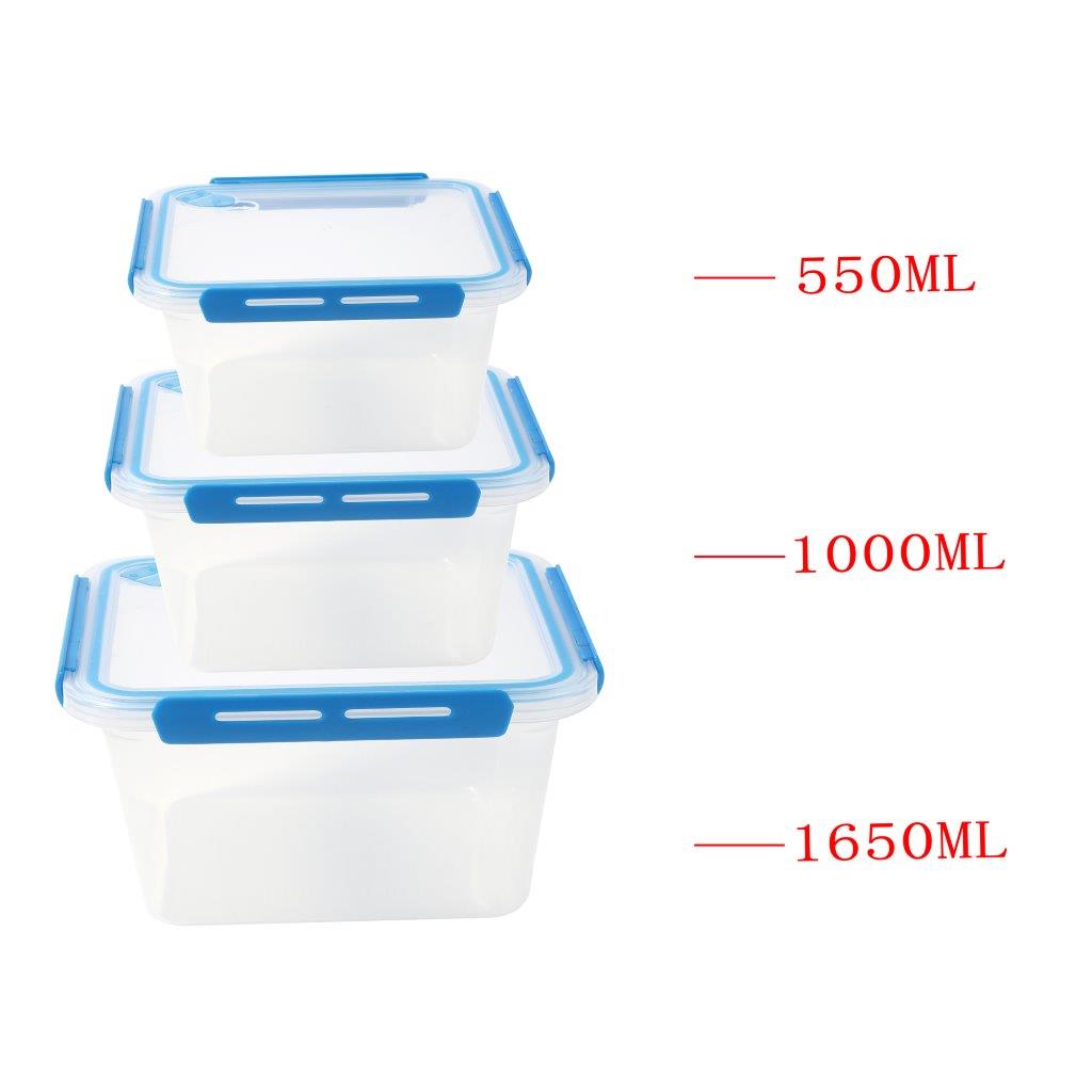 Multipurpose Clear Plastic Clip Lock Lunch Box Storage Box Food Container Set of 3 Pcs 16x16x12.2cm 1650 ml/ 16x16x7.8cm 1000 ml/16x16x4.8cm 550 ml