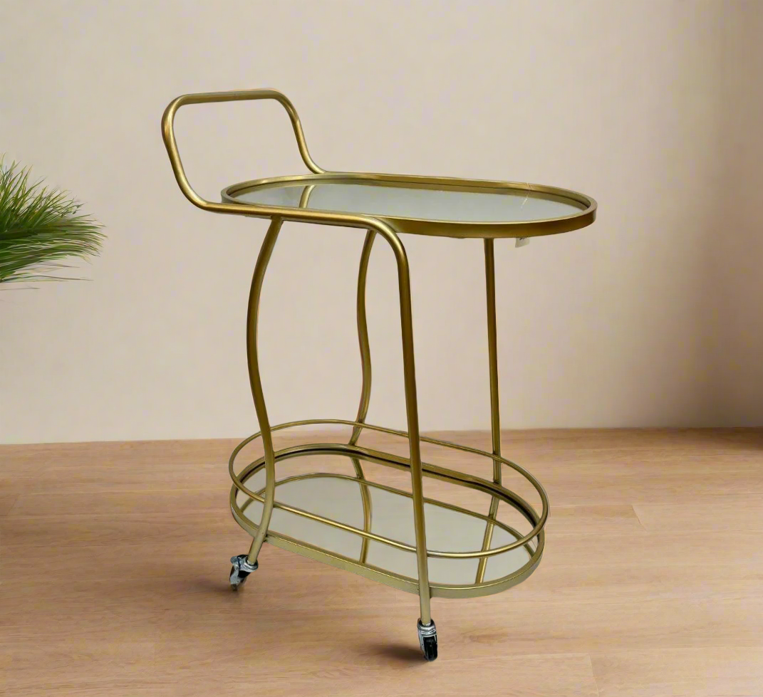 Glass and Metal 2 Tier Serving Cart Coffee Table with Wheels 58*37.5*80 cm