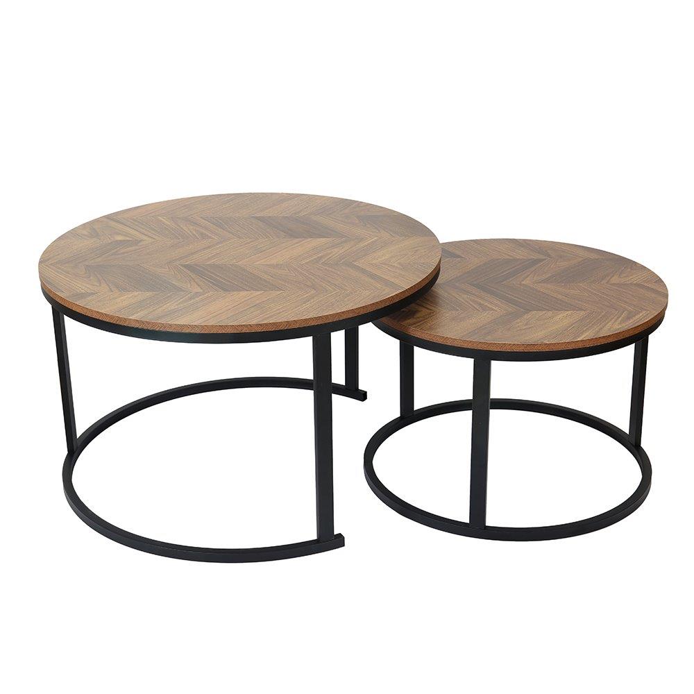 Round Metal Metal Accent Nesting Coffee Table Timber Pattern and Abstract Design Body Set of 3 Pcs 60*60*40/80*80*48 cm