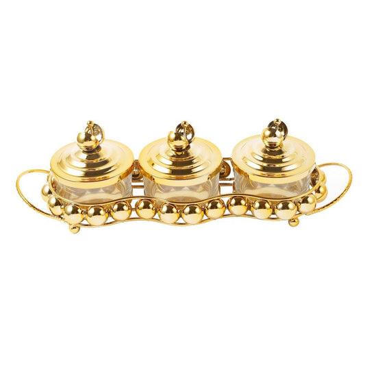 Gold Crystal Glass Candy Jar Canisters Set of 3 with Tray 37*12*12 cm