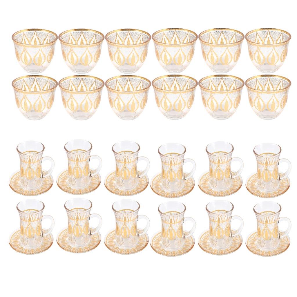 Moroccan Design Gold Drinking Glass Tea Cups and Saucer Set of 24 Pcs 11/6*5/6.5*9 cm **
