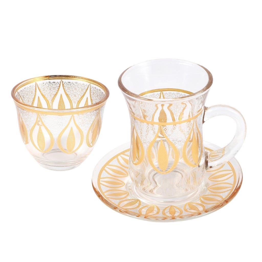Moroccan Design Gold Drinking Glass Tea Cups and Saucer Set of 24 Pcs 11/6*5/6.5*9 cm **