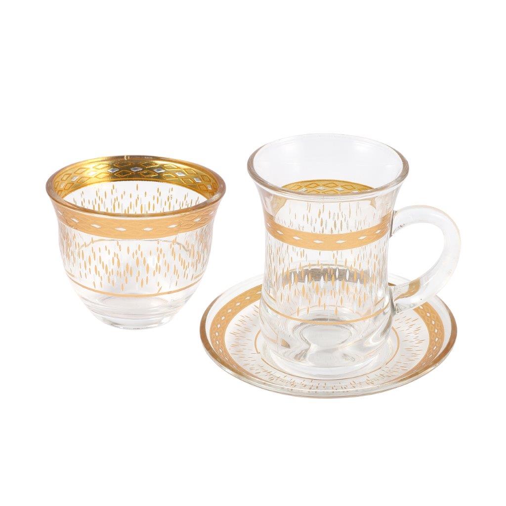 Moroccan Design Gold Drinking Glass Tea Cups and Saucer Set of 36 Pcs 11/6*5/6.5*9 cm **