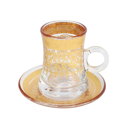 Moroccan Design Gold Drinking Glass Tea Cups and Saucer Set of 6 Pcs 11/5.5*8 cm **