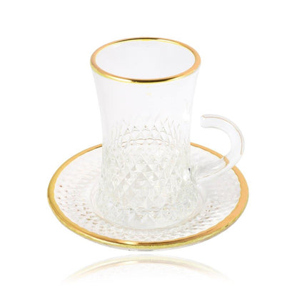 Moroccan Design Gold Drinking Glass Tea Cups and Saucer Set of 6 Pcs 11/5.5*8 cm **