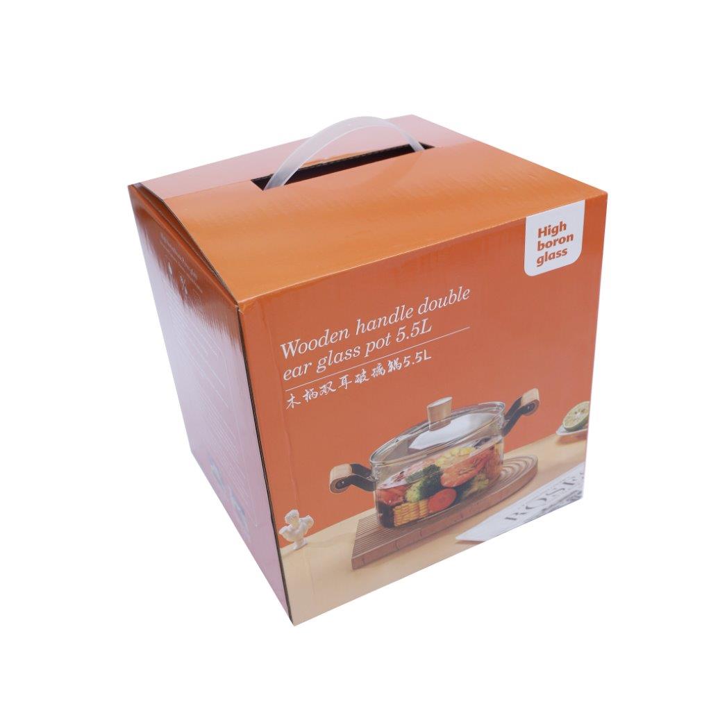 Glass Cooking Pot Induction Casserole with Wooden Handle 5.5L cm