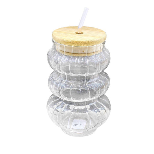 Wooden Lid Striped Glass Jars with Straw 12*6 cm