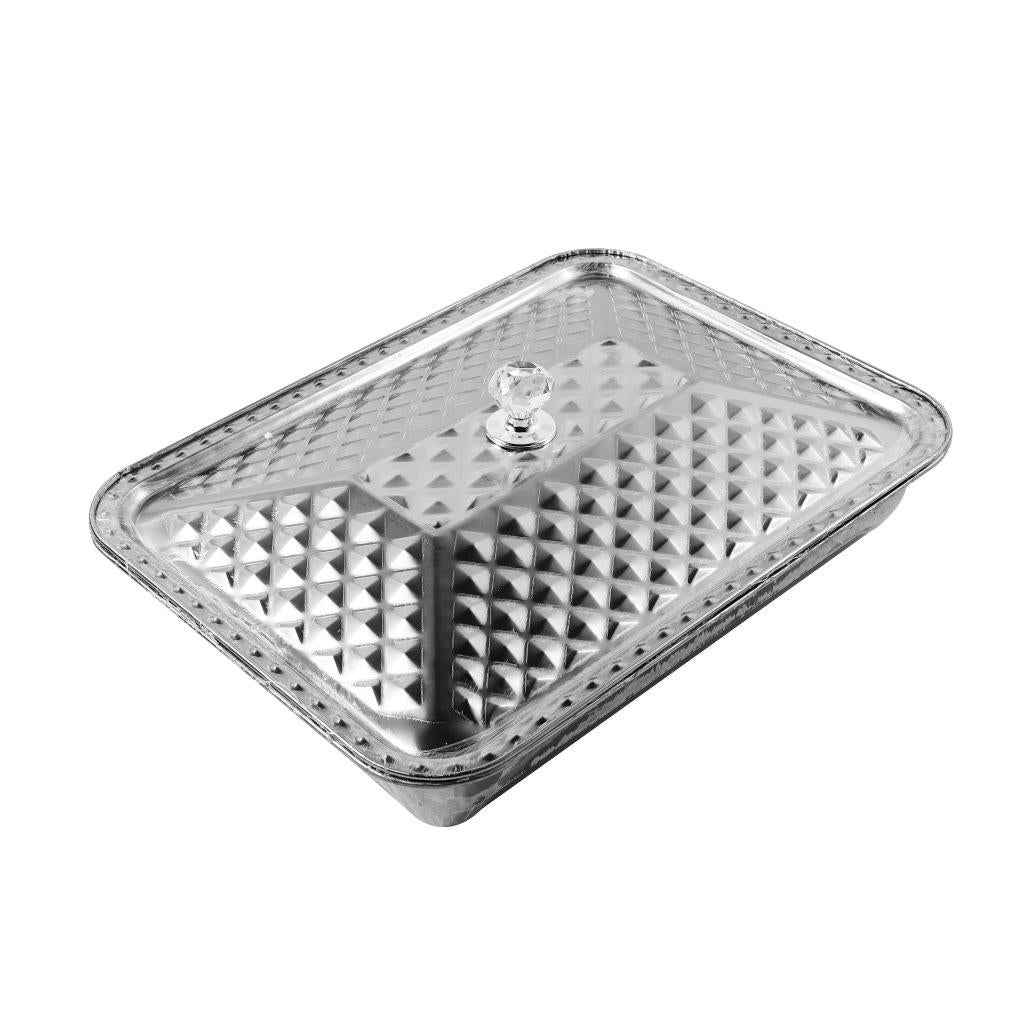 Silver Plated Stainless Steel Hammered Serving Tray with Lid 30*40*7 cm