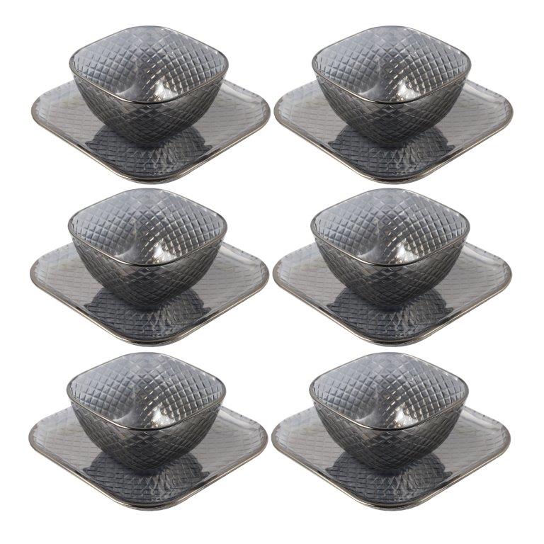 Crystal Glass Ice Cream and Dessert Bowl with Saucer Set of 12 Pcs 10*6.5/15.5*1.5 cm