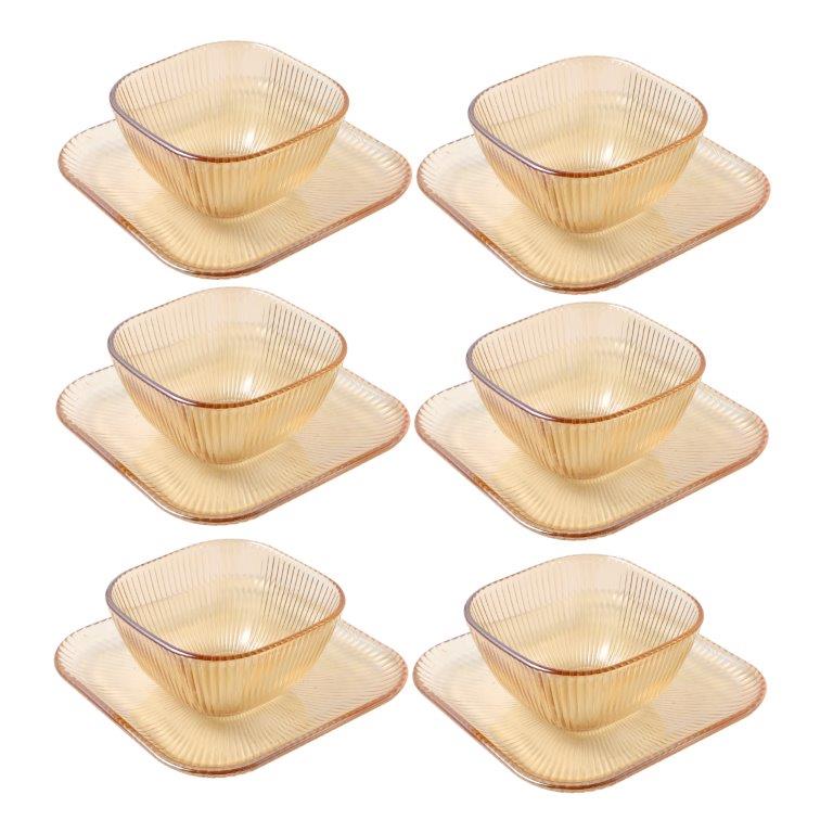 Crystal Glass Ice Cream and Dessert Bowl with Saucer Set of 12 Pcs 10*6.5/15.5*1.5 cm