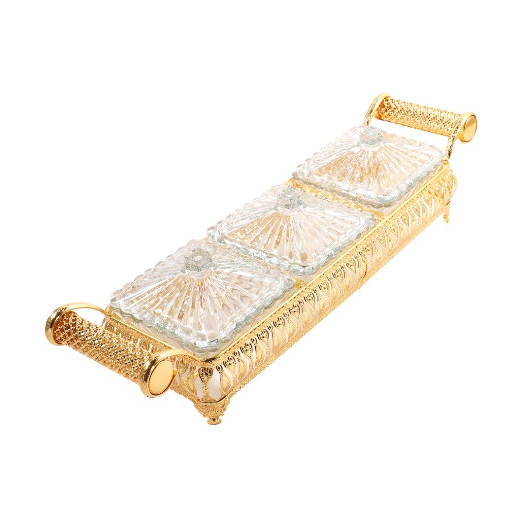 Metal Deco Gold Candy Box Nuts and Chocolates 2 Slot Serving Tray with Lid 47*11.5*10 cm