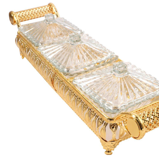 Metal Deco Gold Candy Box Nuts and Chocolates 2 Slot Serving Tray with Lid 47*11.5*10 cm
