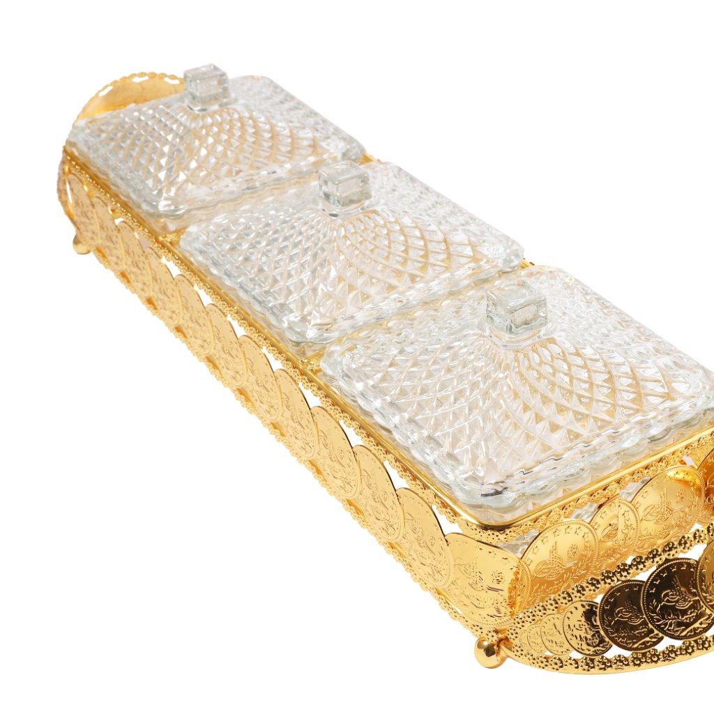 Metal Deco Gold Candy Box Nuts and Chocolates 2 Slot Serving Tray with Lid 47*11.5*10 cm