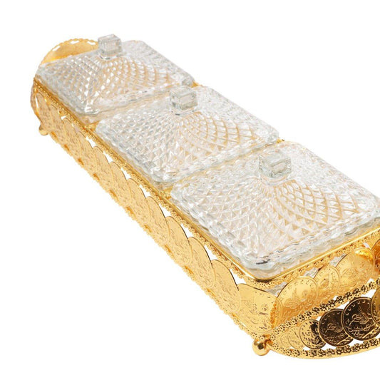 Metal Deco Gold Candy Box Nuts and Chocolates 2 Slot Serving Tray with Lid 47*11.5*10 cm