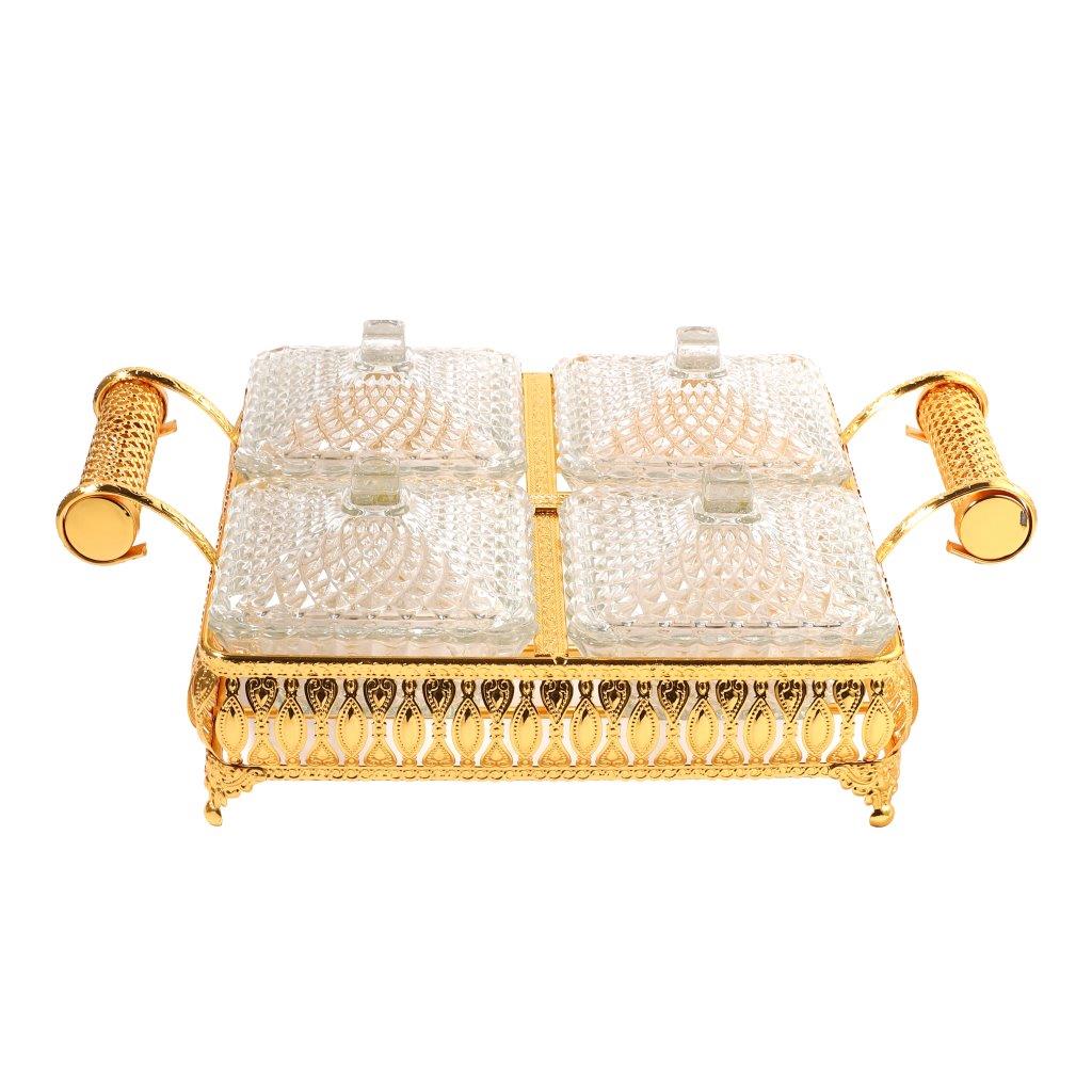 Metal Deco Gold Candy Box Nuts and Chocolates 4 Slot Serving Tray with Lid 35*25*8 cm