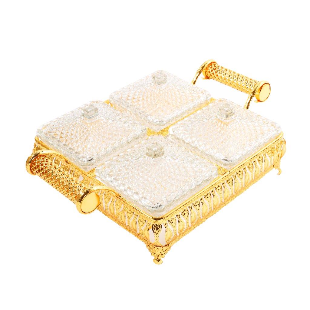 Metal Deco Gold Candy Box Nuts and Chocolates 4 Slot Serving Tray with Lid 35*25*8 cm