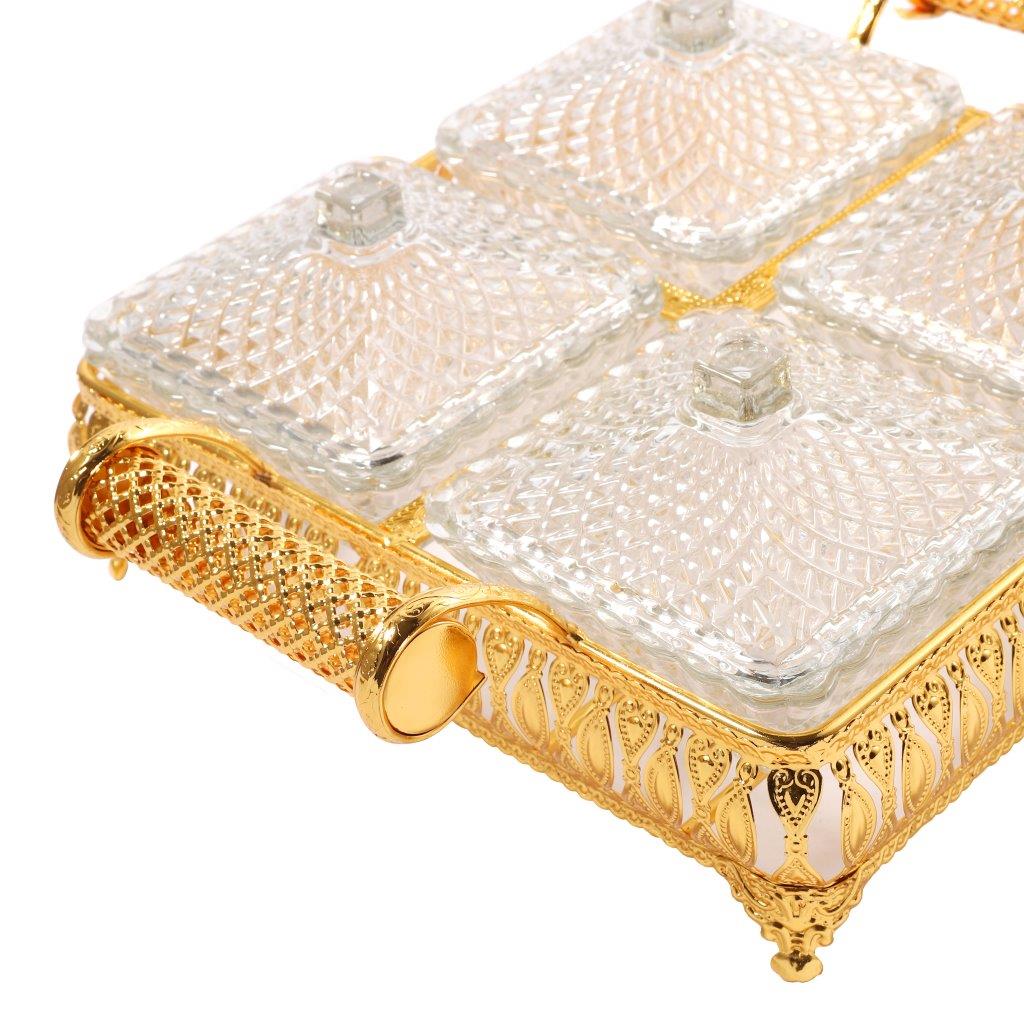 Metal Deco Gold Candy Box Nuts and Chocolates 4 Slot Serving Tray with Lid 35*25*8 cm