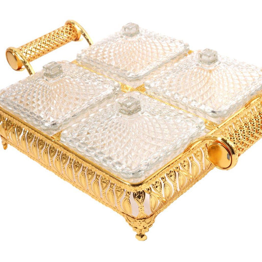 Metal Deco Gold Candy Box Nuts and Chocolates 4 Slot Serving Tray with Lid 35*25*8 cm