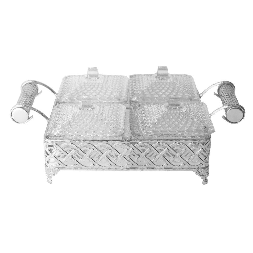 Metal Deco Silver Candy Box Nuts and Chocolates 4 Slot Serving Tray with Lid 35*25*8 cm